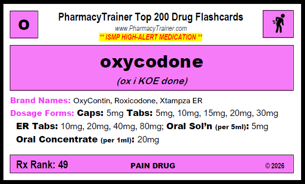 Information contained on the front of the Top 200 Drug Flashcards - oxycodone